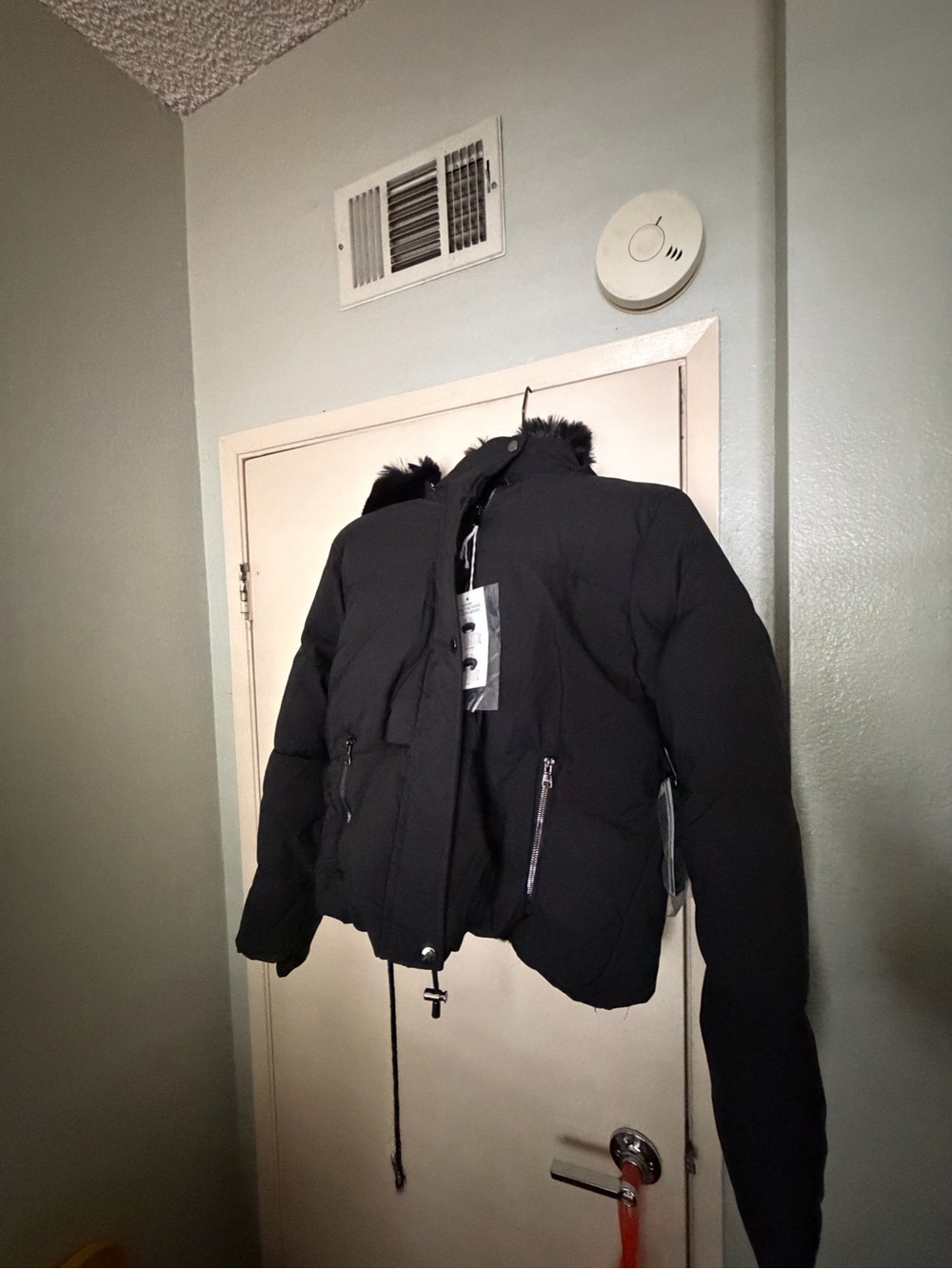 Women’s Black Puffer Jacket with Faux Fur Hood